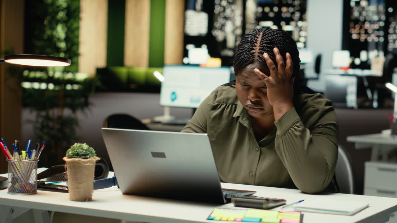 Anxious female consultant struggling to stay awake and overcome tension