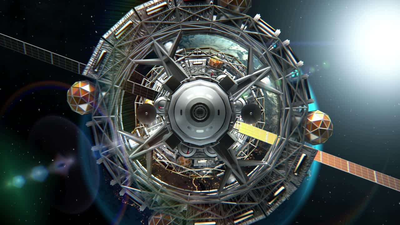 Departure from sci-fi Spaceship. Earth and Sun on background, 3d animation, green screen. Texture of Earth was created in graphic editor without photos. The pattern of city lights furnished by NASA.