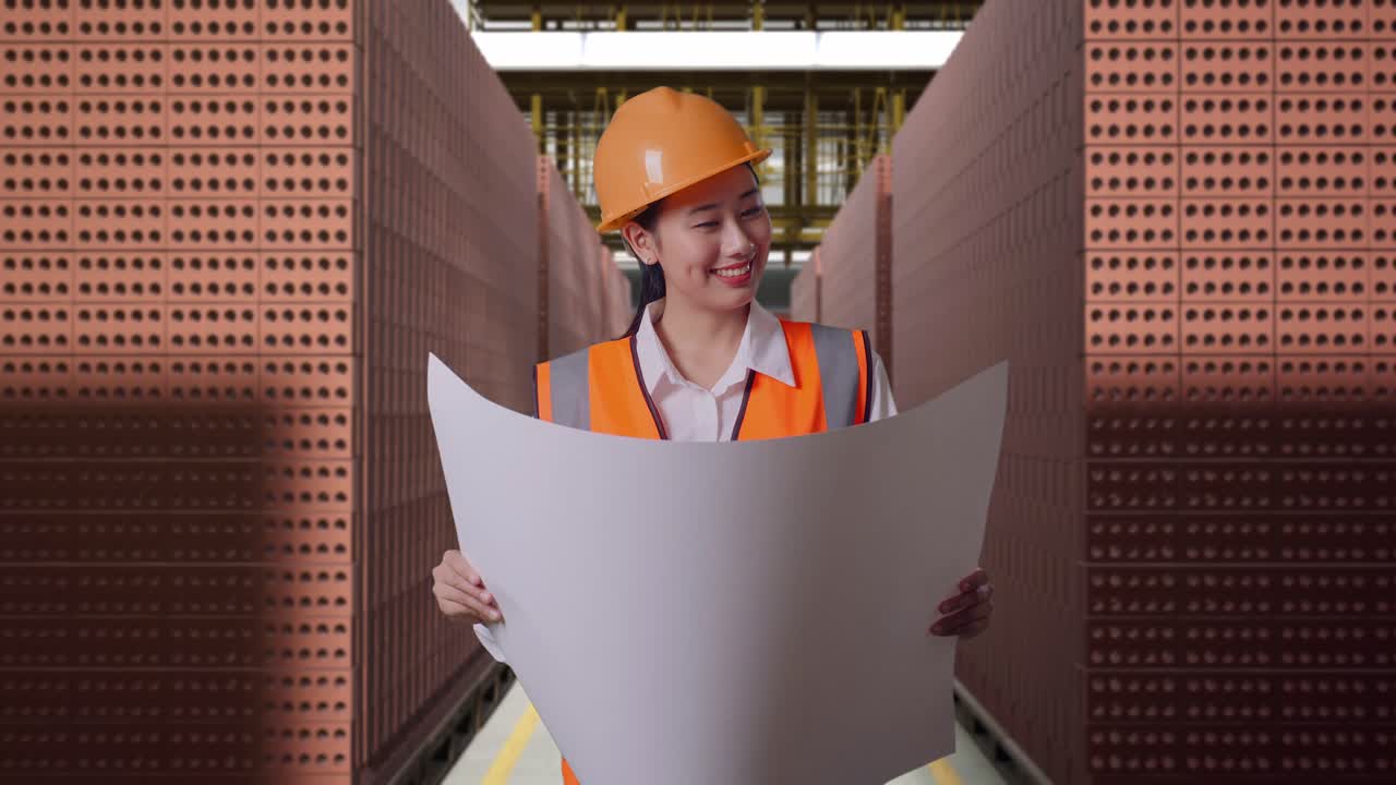 Asian Female Engineer With Safety Helmet Looking At Blueprint In Her Hands And Looking Around While Standing With Red Brick Packed in Stacks Are Stored