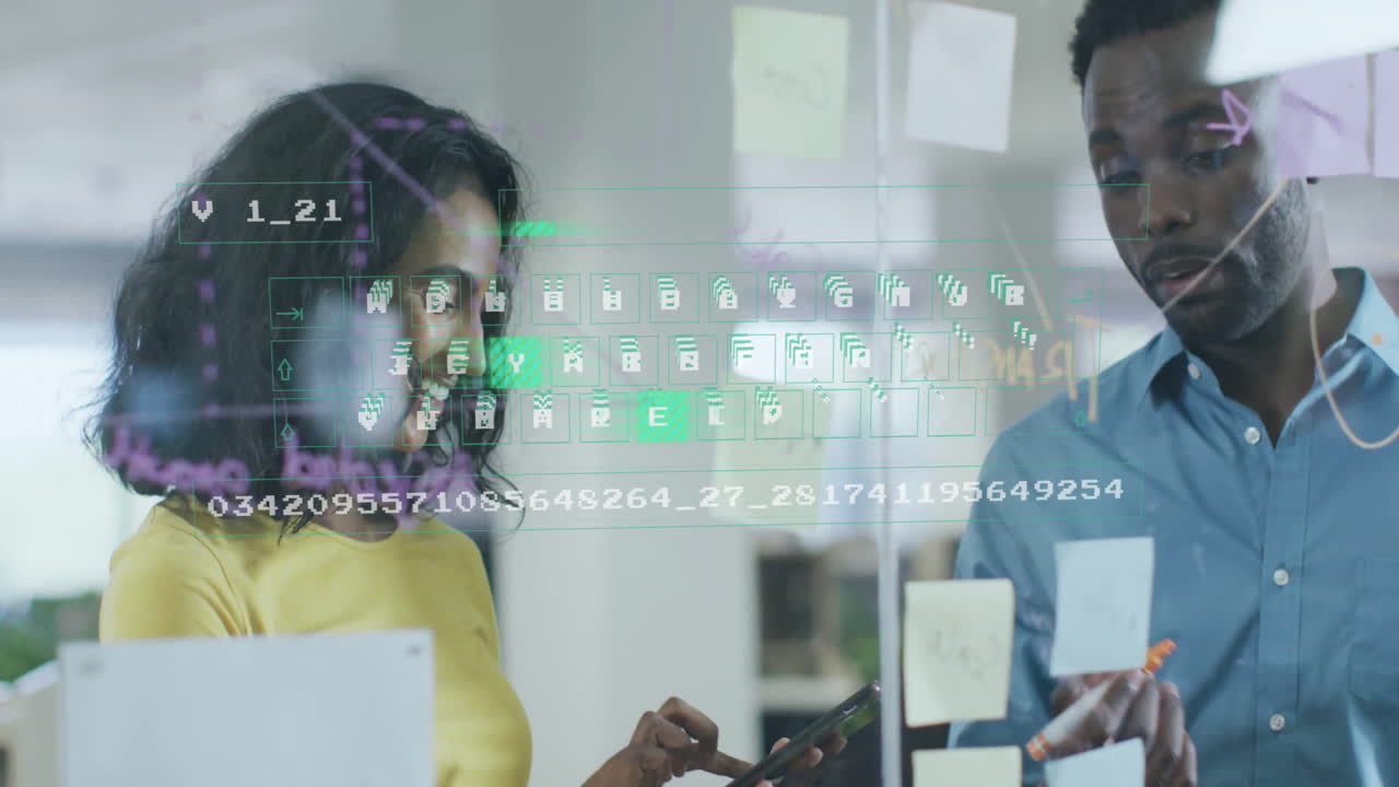 Collaborating in office, diverse professionals using animation on glass board