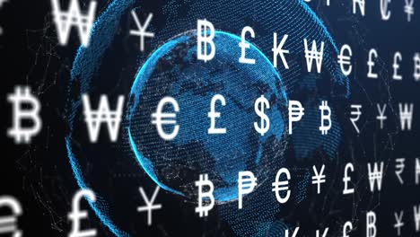 Animation-of-multiple-currency-symbols-over-network-of-connections-and-globe-on-blue-background