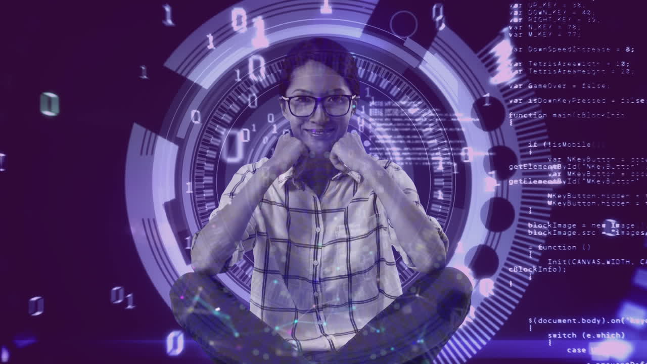 animación de una mujer con escaneo de alcance y procesamiento de datos de codificación binaria