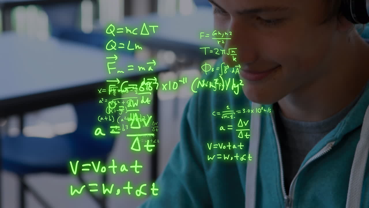 animación del procesamiento de datos científicos sobre el estudiante caucásico masculino.