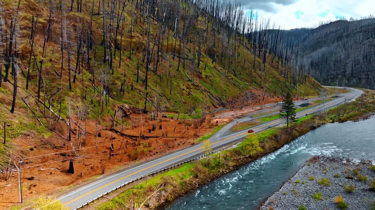 Approaching the narrow river flowing among the mountains. Red car goes by the highway along the river. Dry burnt trees cover the rocks.