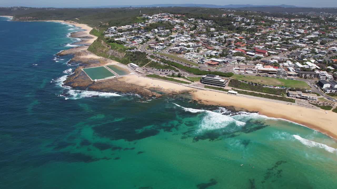 Panoramic View Of Merewether Beach And Merewether Ocean Baths In NSW, Australia - Drone Shot