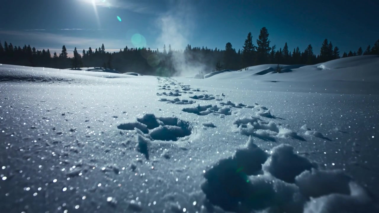 Pulling back camera revealing narrow footprints crossing field toward steaming plume, showing ridge