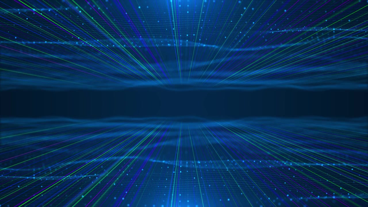 Sfondo tunnel di velocità digitale neon, raggi di luce blu e viola che attraversano uno spazio tecnologico scuro