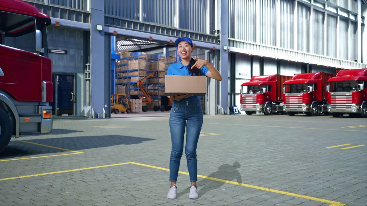 Full Body Of Asian Female Courier In Blue Uniform Smiling And Talking To Camera While Delivering A Carton, Outside Warehouse