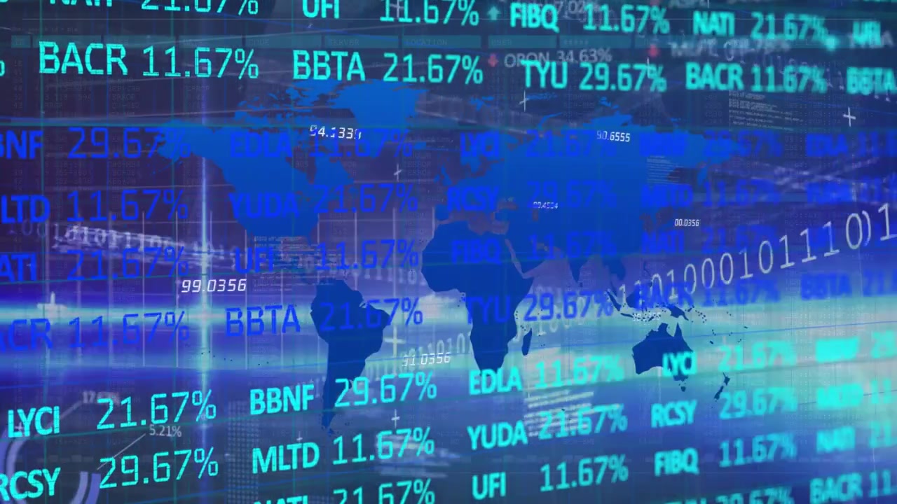 Finance dashboard spawning map tickers updating percentages animating graph visualizing markets