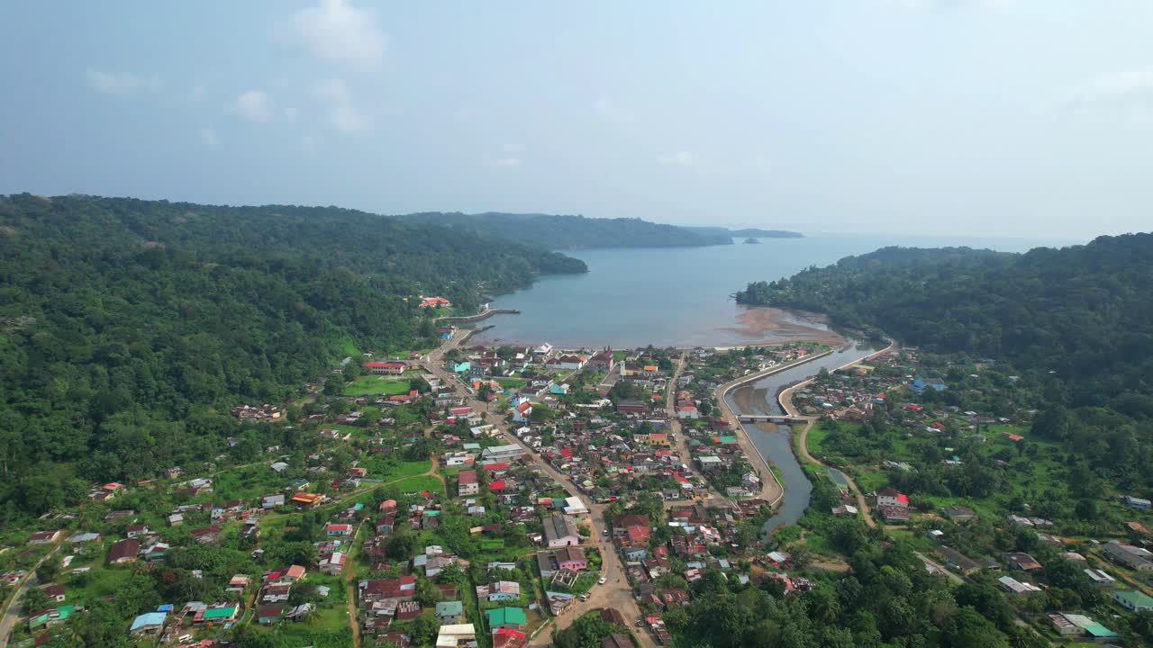 Aerial view of the beautiful city of Santo Antonio with the sea in the background at Ilha do Principe (prince Island) Sao Tome e Principe,Africa