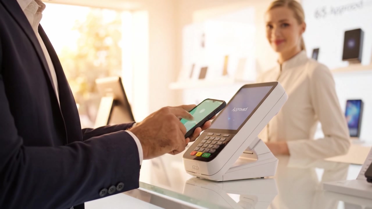 Interazione con il cliente in un moderno negozio al dettaglio: utilizzo della tecnologia di pagamento mobile con un elegante terminale di pagamento contactless in un ambiente luminoso e accogliente.