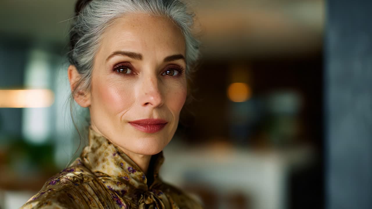 Retrato elegante de uma mulher madura com um sorriso gracioso capturado em luz natural, exibindo beleza e elegância atemporais em uma atmosfera suave e acolhedora