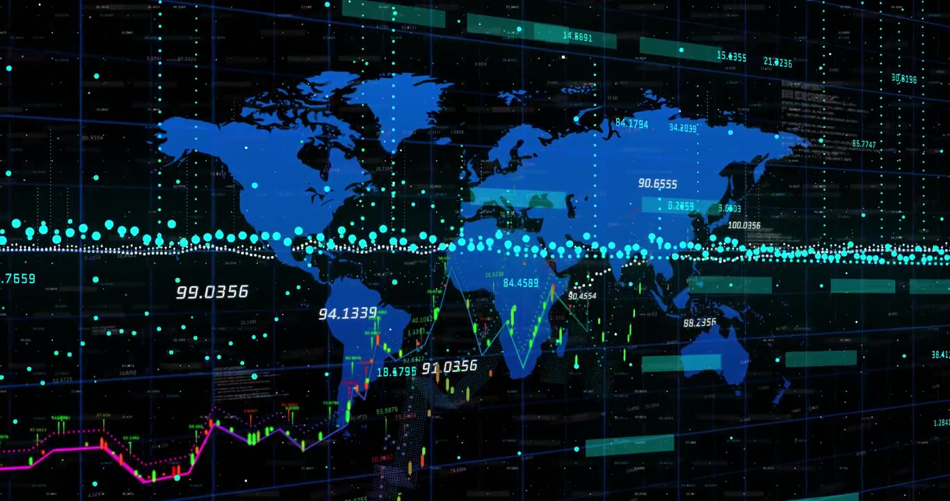 Animation of financial data processing over world map