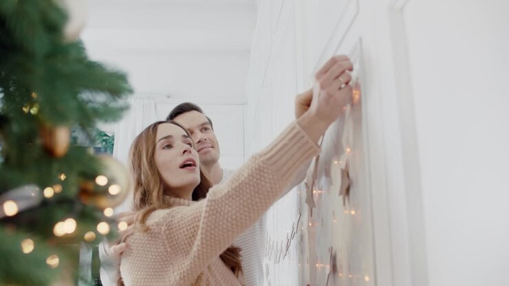 Coppia felice che decora il soggiorno con festoni di Capodanno insieme