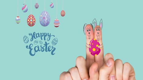 animation of happy easter, eggs and fingers paint as bunnies on mint background