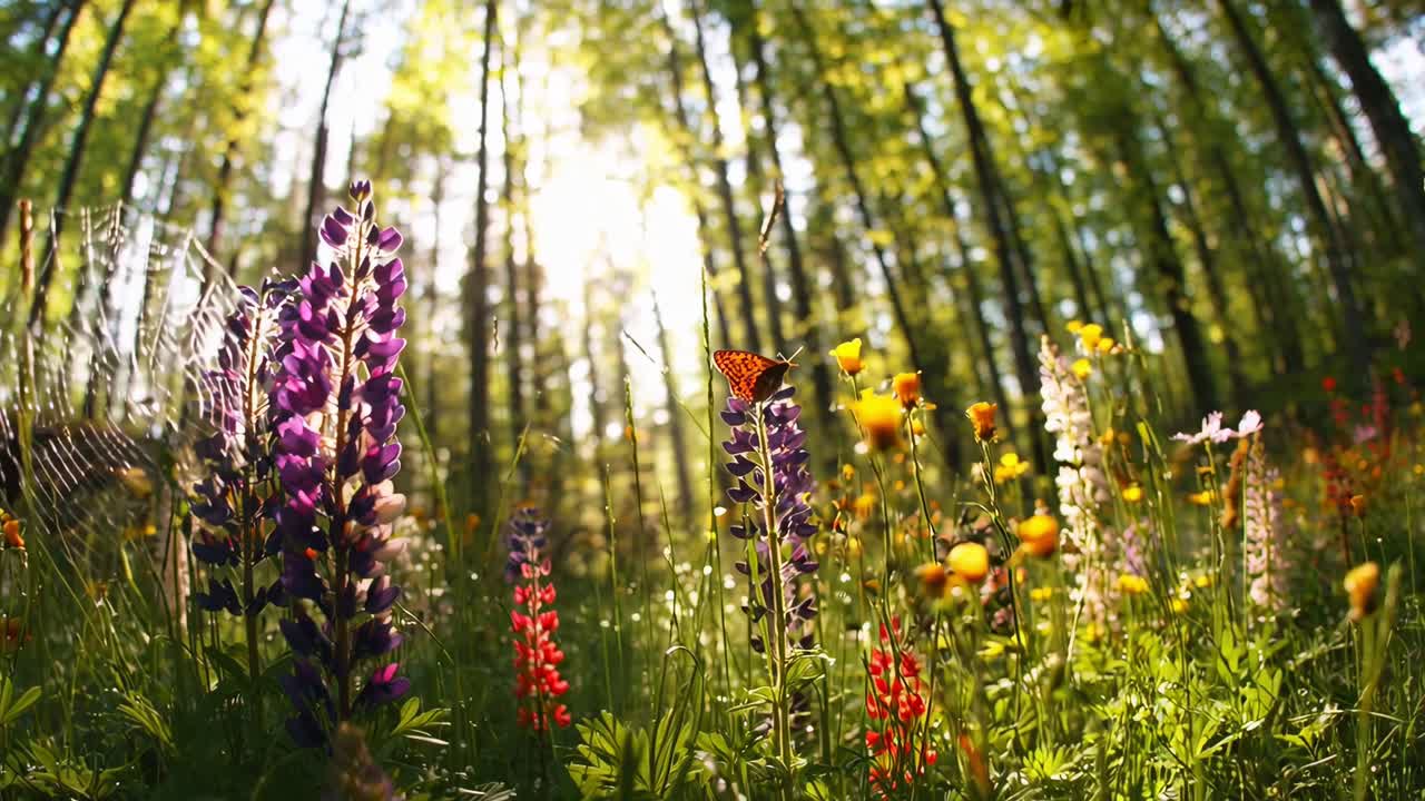 Vibrant wildflowers and a butterfly in a sunlit forest, captured from a low angle, video style, Live