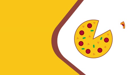 4k video of cartoon pizza on white and yellow background.