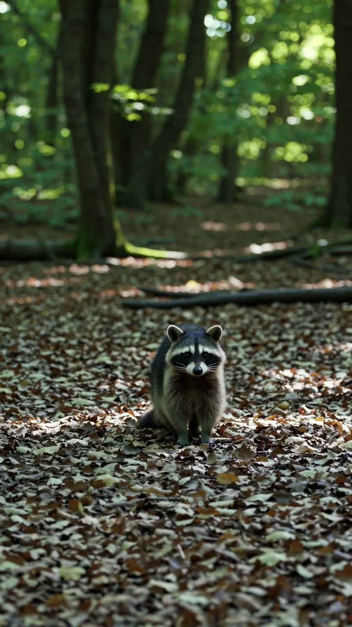 A raccoon stands on a forest floor covered in leaves, captured from a low-angle