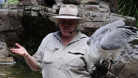 trainer engaging with a large bird outdoors