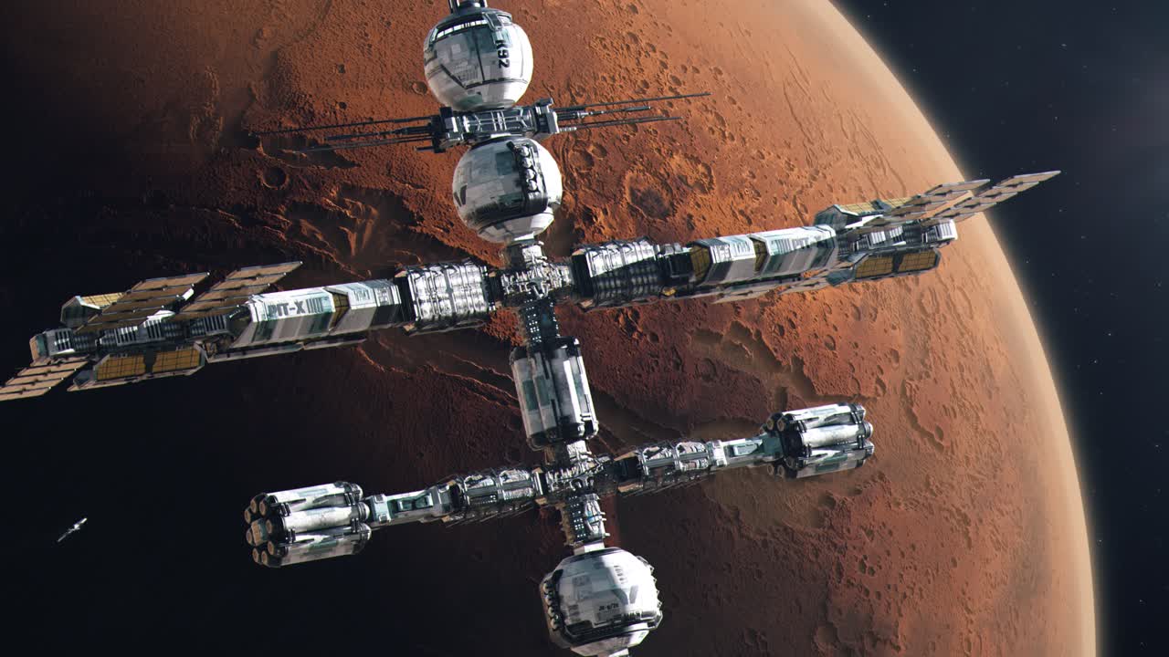 Establishing Shot of a Futuristic Space Station Orbiting Mars, The Red Planet