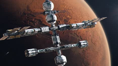 establishing shot of a futuristic space station orbiting mars, the red planet