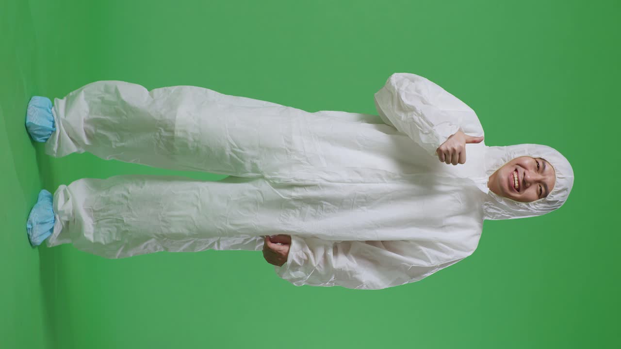 полное тело азиатского мужчины-учёного, показывающего большой палец вверх и улыбающегося на зеленом фоне экрана