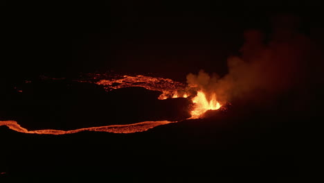 static drone shot of splashing lava, nighttime a volcanic eruption in iceland
