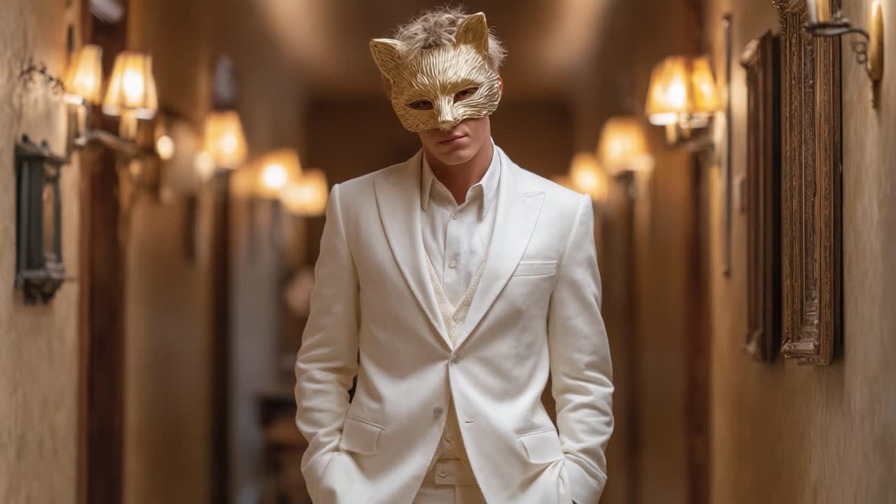 A Mysterious Figure in a White Suit and Golden Mask Walks Down an Elegant Hallway, Evoking a Sense of Intrigue and Enigma with Soft Lighting and Timeless D?cor