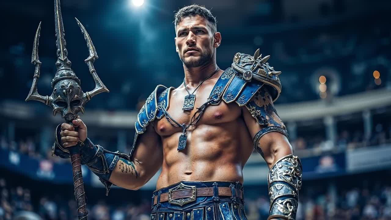 A shirtless man in armor holding a trident in front of a crowd