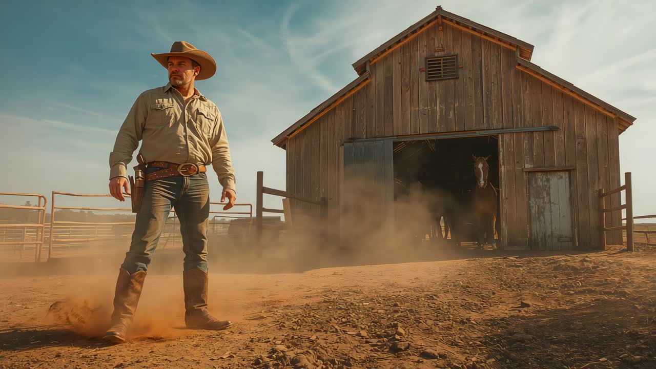 Stepping cowboy exiting barn into dry corral, holding revolver, preparing to ride horse, copy space
