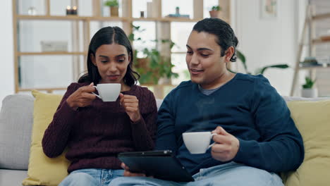 love, coffee or happy couple talking in home