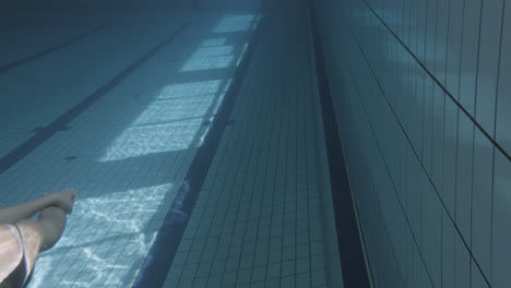 underwater shot of a young female swimmer diving in an indoor pool