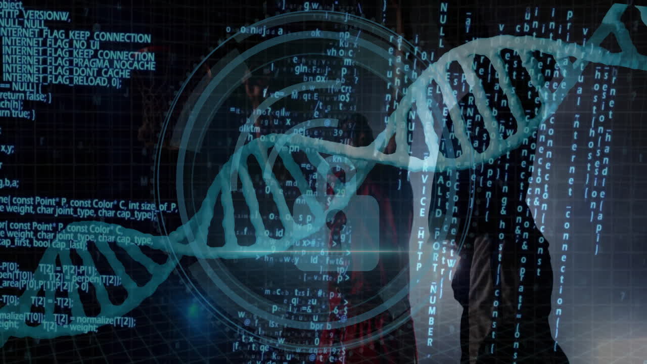 DNA strand with binary coding, scientific data processing in animation style