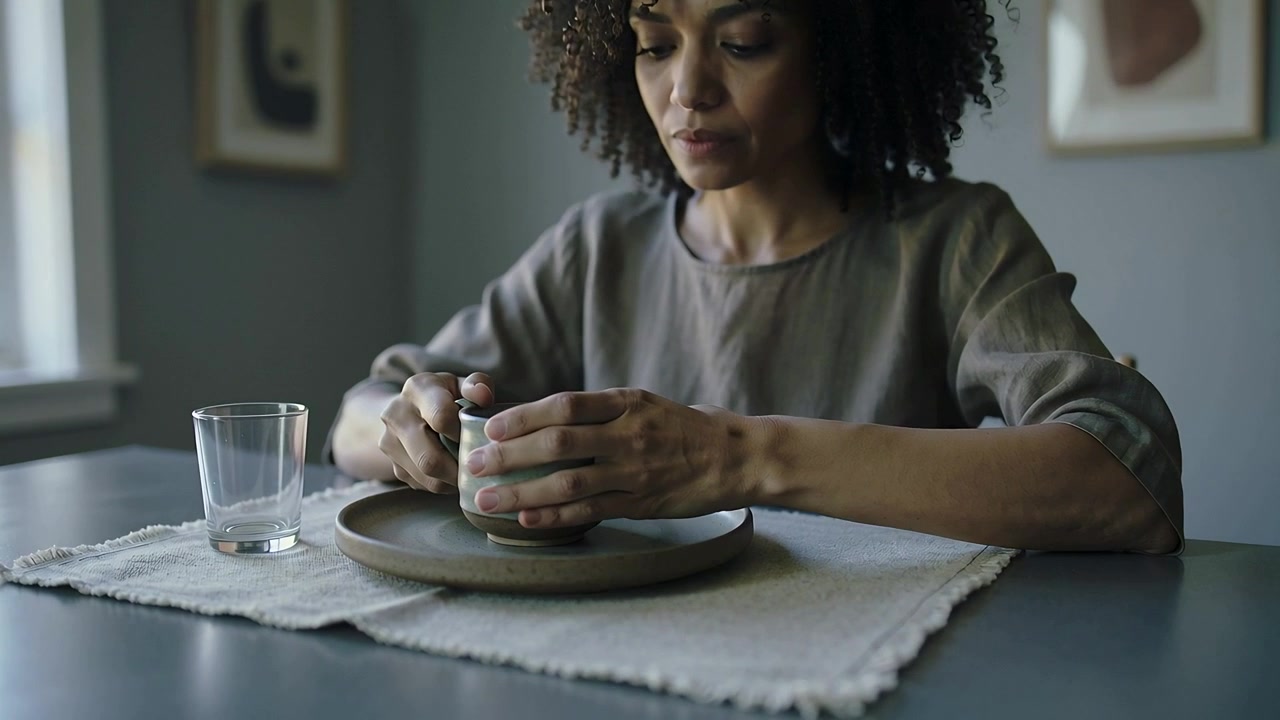 Feeling thirsty woman in gray top sipping mug, placing on plate, smoothing placemat at dining table