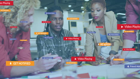 animation of social media data processing over diverse business people in office