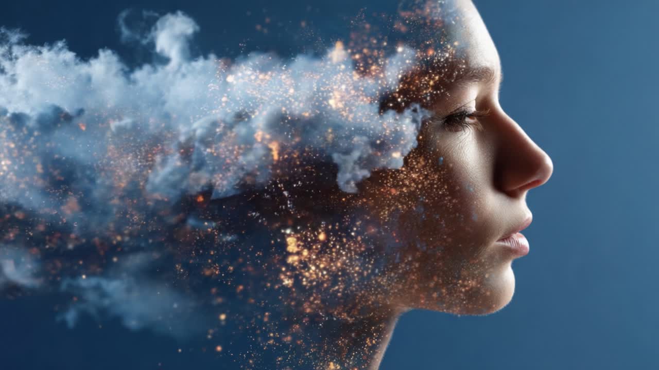 A Surreal Representation of Imagination: Capturing the Essence of Thought and Creativity with Ethereal Clouds and Sparkling Dust in Profile