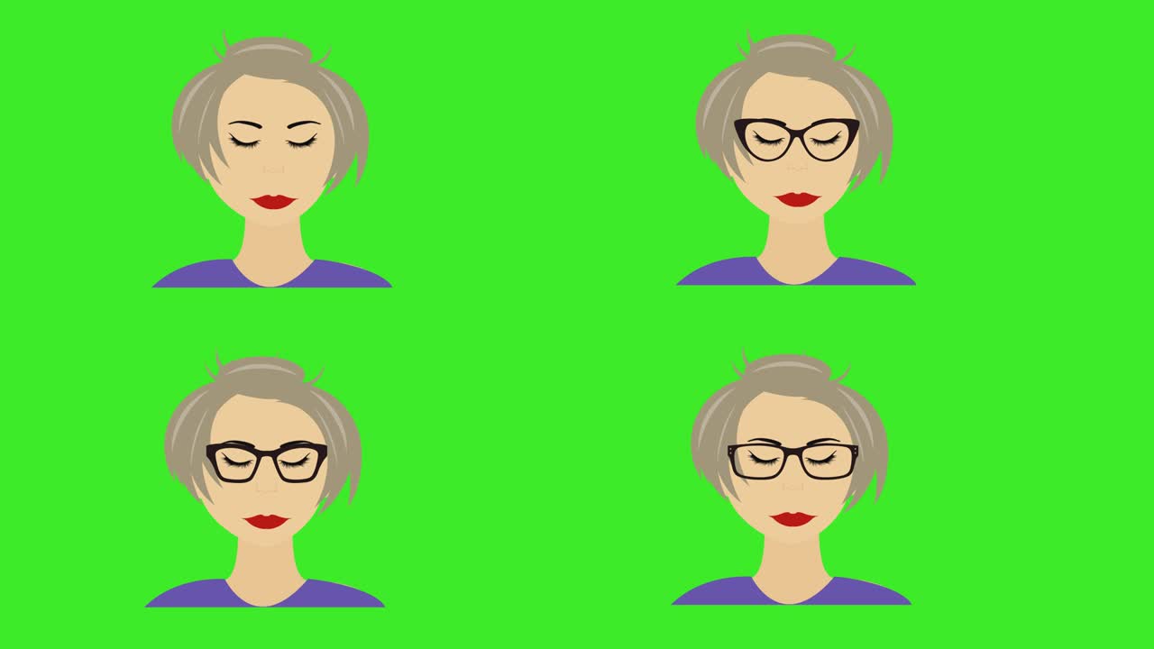 만화 여성 얼굴 아바타 애니메이션, 움직이고 박이는 눈, 녹색 화면 크로마 키