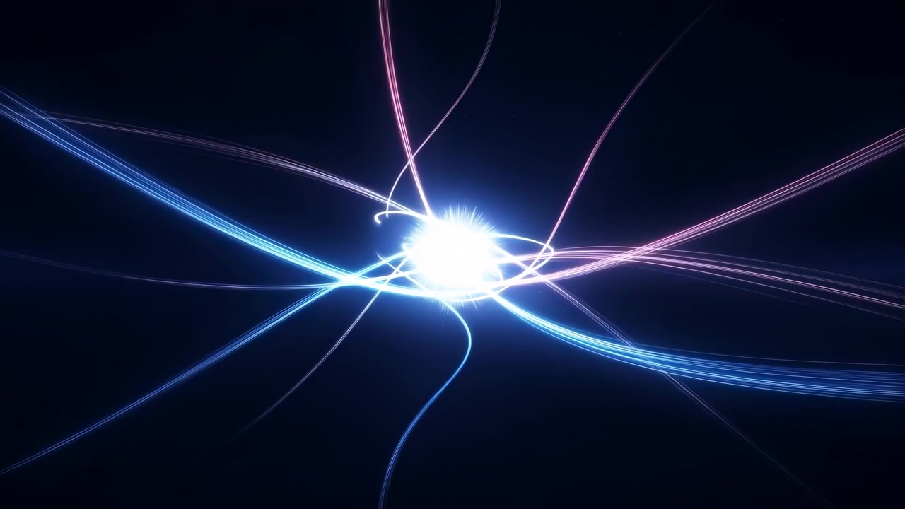 Multicolored luminous streaks sweep through deep black space, intertwining in fluid curves, crossing near center, then tightening into bright core with sparks, haze, and smooth digital motion