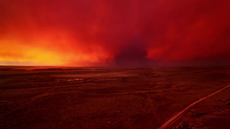 drone shot of dramatic sunrise with storm and train moving in distance