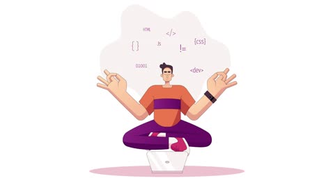programmer developer in yoga pose working on code, coding, testing, debugging, analysing. young man works with programming languages. freelance it worker 4k looped animated character. stock footage