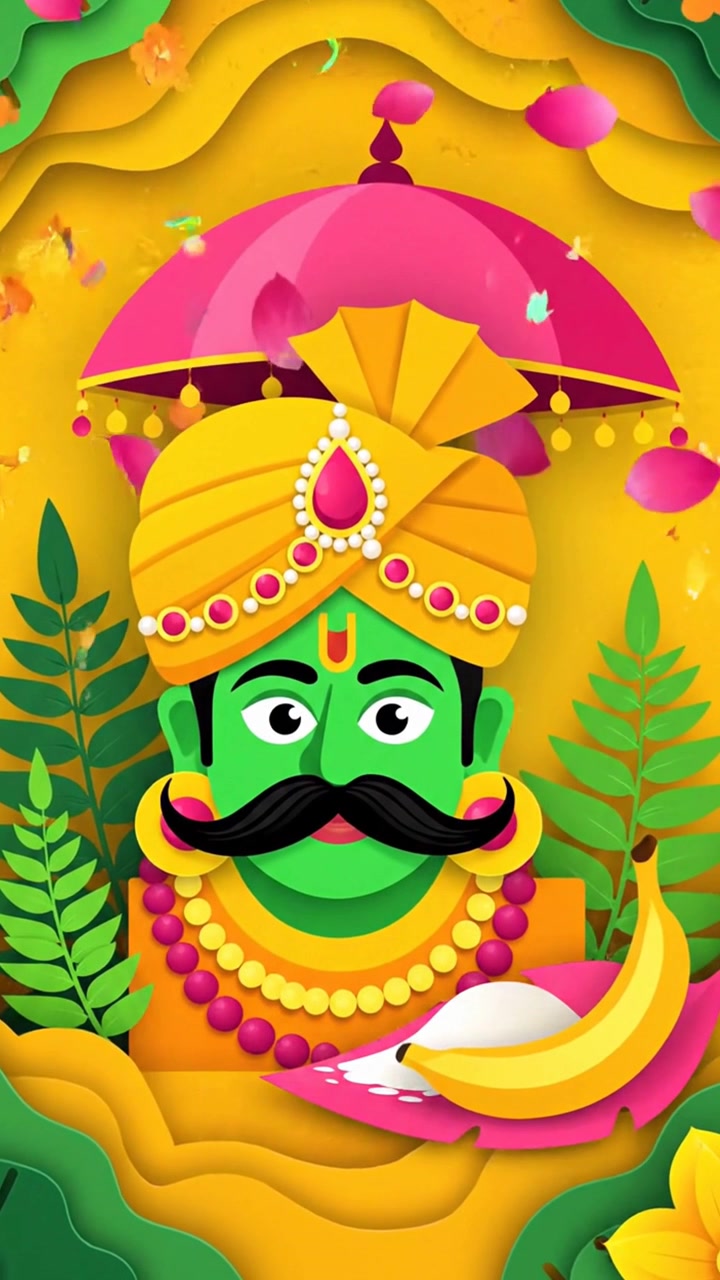 Saludo animado del festival Onam con el rey Mahabali