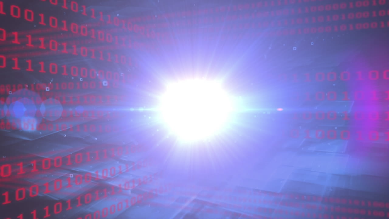 Animation of data processing over light trails on black background