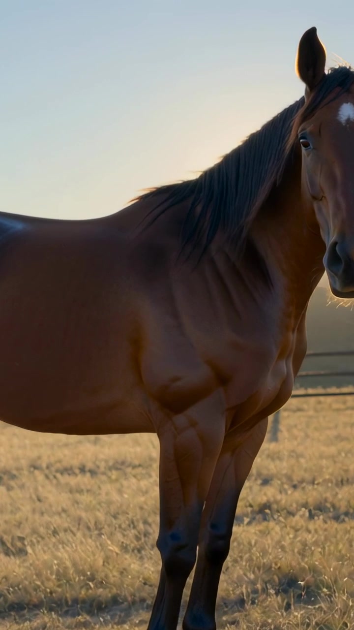 Vídeo vertical: Câmera panorâmica mostrando cavalo baio virando a cabeça em pasto perto de cerca de madeira em direção às colinas.