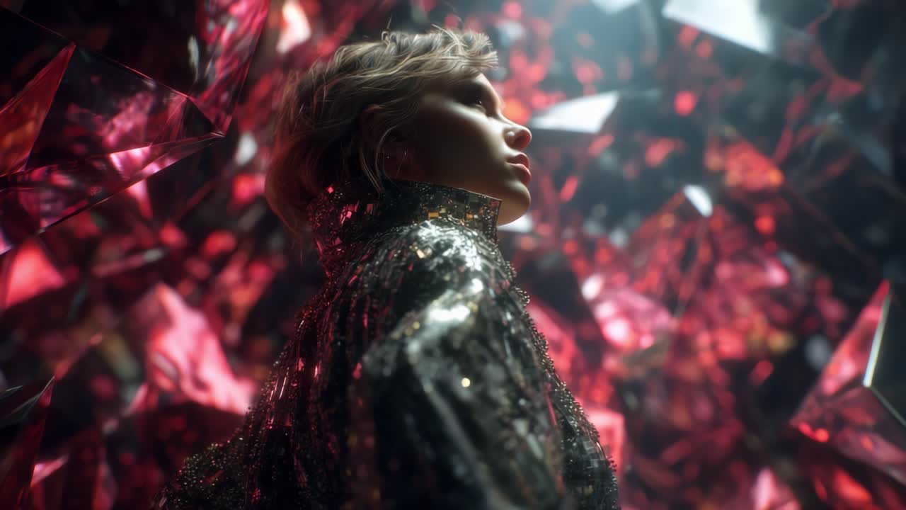 A Captivating Portrait of a Person Elegantly Gazing Amidst a Glamorously Reflected Red Crystal Environment with Intricate Reflections and Shimmering Textures Enveloping the Scene