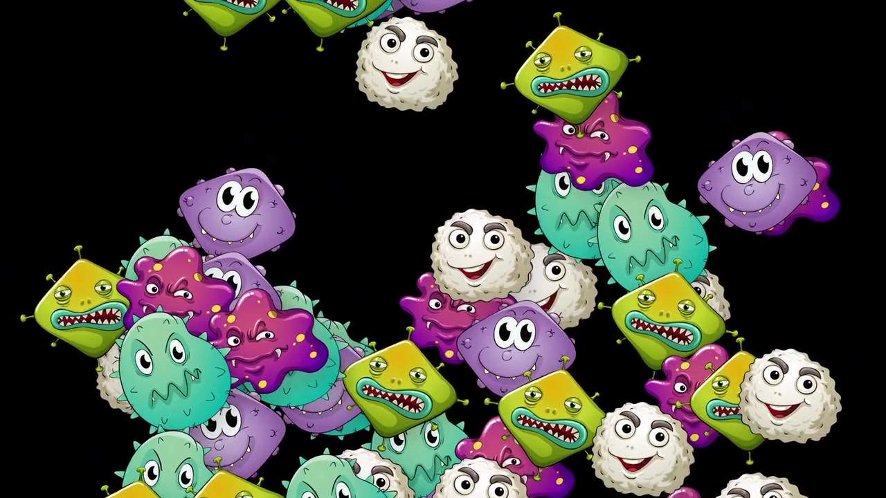 Colorful animated microbes with expressive faces fall vertically through a dark void.