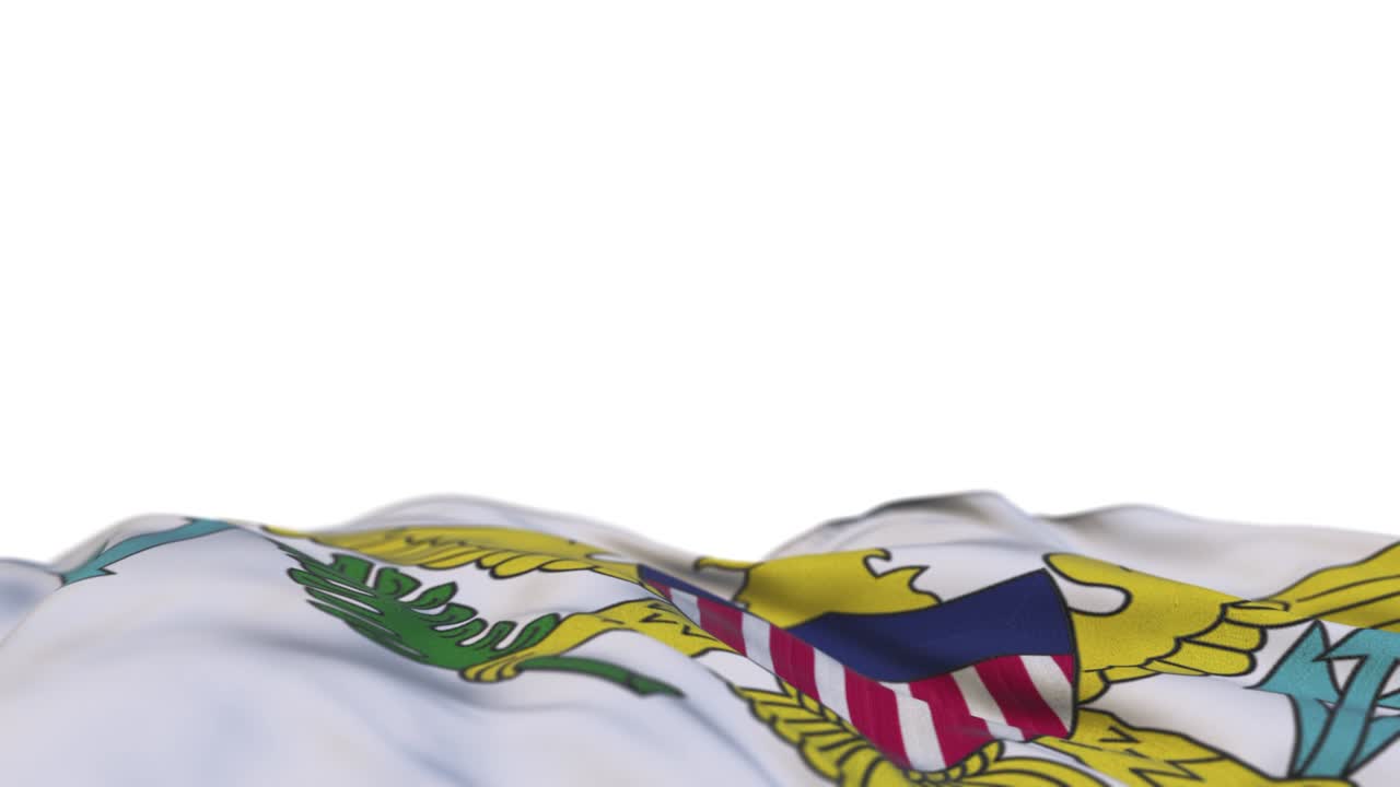 islas vírgenes estados unidos bandera de tela ondeando en el bucle de viento. islas vérgenes estados unidos bordado costurado plaga de tela balanceándose en la brisa. fondo blanco medio lleno. lugar para el texto. bucle de 20 segundos.