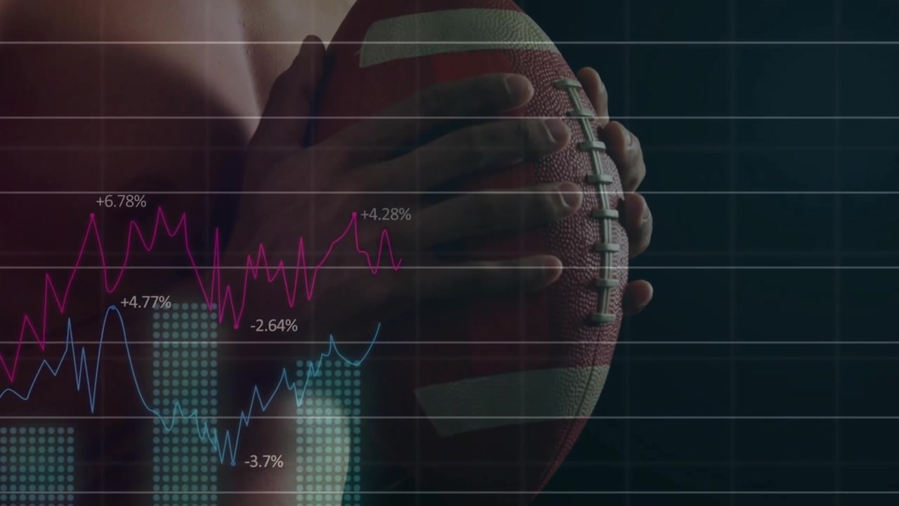 Video verticale: la telecamera si allontana rivelando il busto, mani che tengono un pallone da calcio, analisi che mostrano le statistiche
