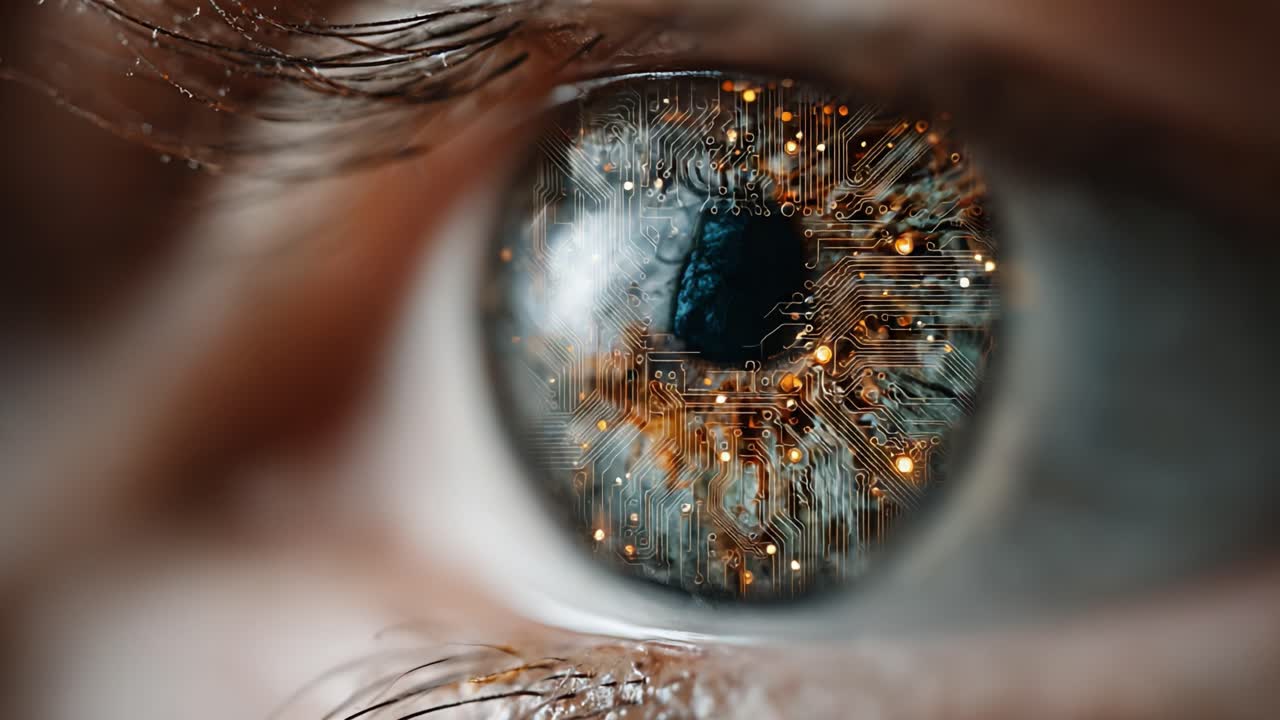 A Close-Up View of a Human Eye Merging with Digital Circuits, Representing the Intersection of Technology and Biology in Cybernetics and Artificial Intelligence Innovations
