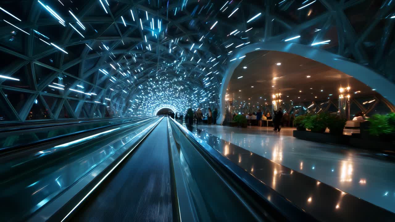 A Stunning Visual Journey Through a Modern Architectural Marvel Featuring Futuristic Lighting and Dynamic Movement in a Bustling Terminal Space Captured in Two Distinct Frames
