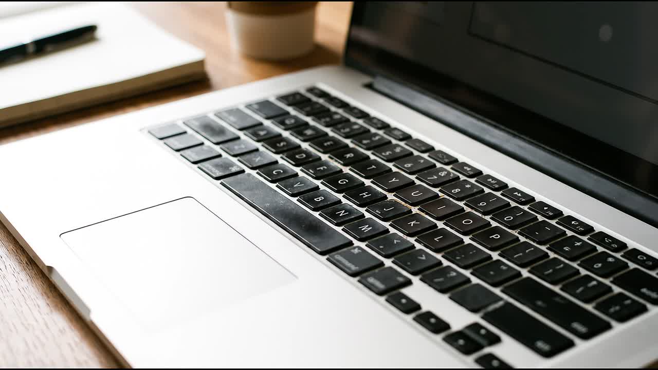 Nærbillede af bærbar tastatur på træskrivebord med notesbog, kuglepen og kaffekop i blødt naturligt lys.